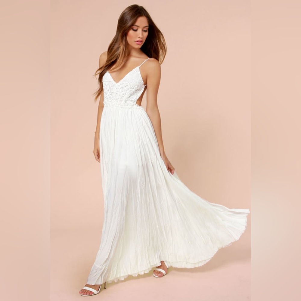 Snowy Meadow Crocheted Ivory Maxi Dress